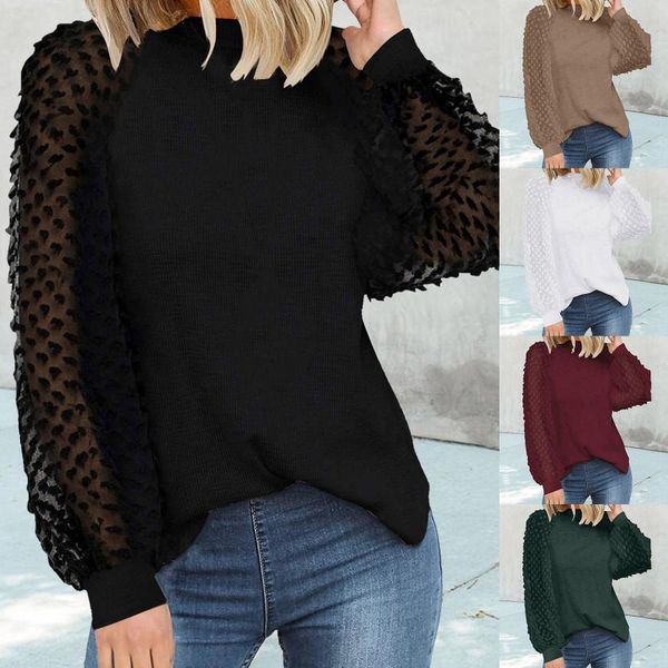 

women's t-shirt round neck pullover casual loose shirt solid color long sleeve lace stitching hollow out slim, White
