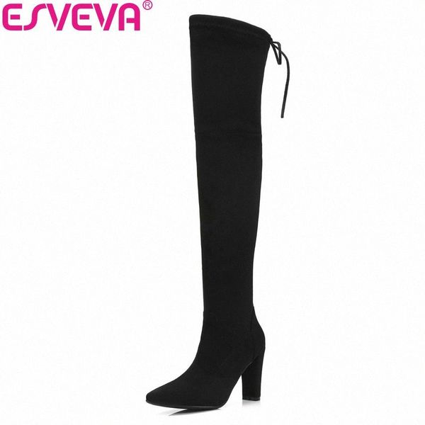 

esveva 2019 women boots pointed toe lace up square high heels shoes woman over the knee boots zipper winter shoes size 34 43 knee high 69qi#, Black