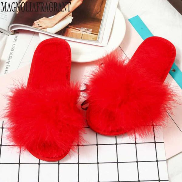 

fur slide ostrich comfortable home slippers feathers fluffy sweet shoes pantufa fashion flip flops pantoufle femme b5 210625, Black
