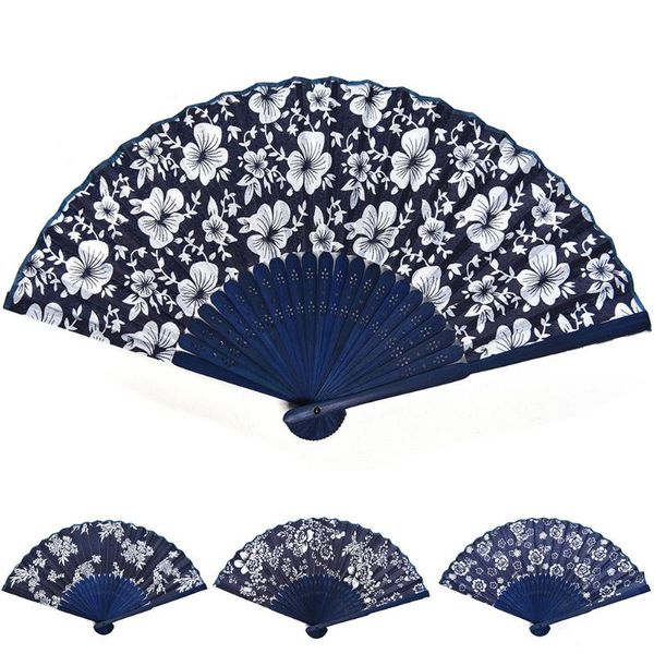 

cal flower design chinese style blue fabric hand fan with dyed blue bamboo + fabric frame wedding party favor