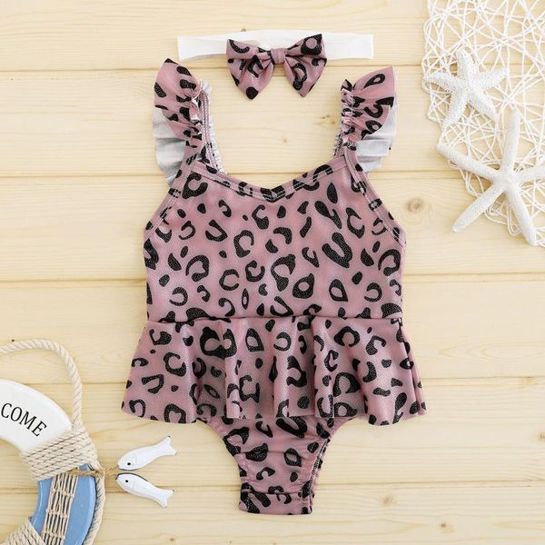 

toddler baby girls swimsuits children one piece leopard print ruffle sleeveless bikini beachwear cute bathing swim 2021