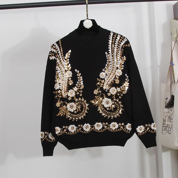 

tracksuit knitted set women handwork beading sequins embroidery sweater pencil pants 2 piece outfits female loose knitting suit gyl7, Blue