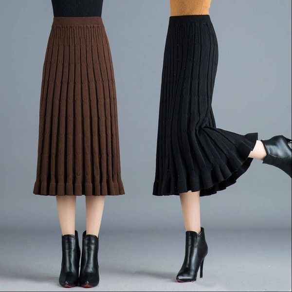 

knitted pleated autumn and winter womens skirt high waist wool mujer faldas saias mulher, Black