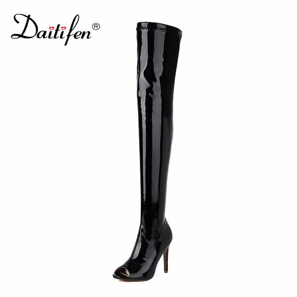 

boots daitifen spring autumn women over the knee high hoof heels shoes pointed toe elastic fabric plus, Black
