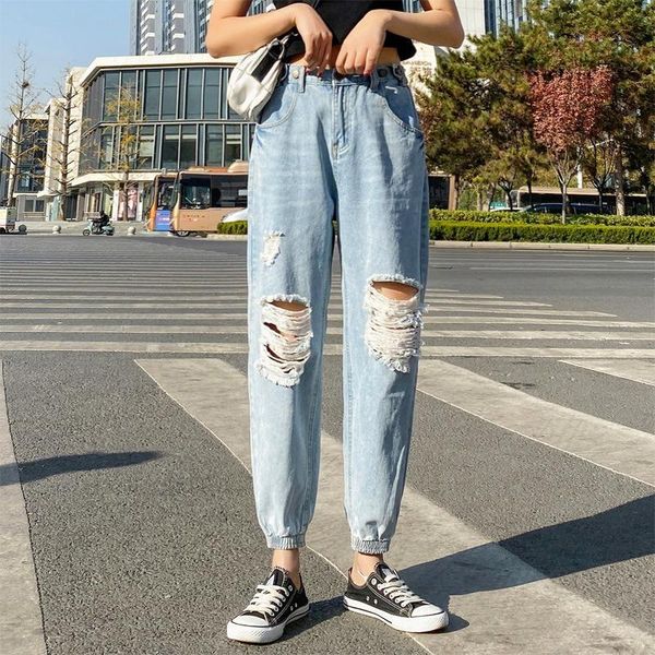 

women's jeans vintage ladies boyfriend ripped for women mom high waisted blue casual harem trousers korean streetwear denim pants