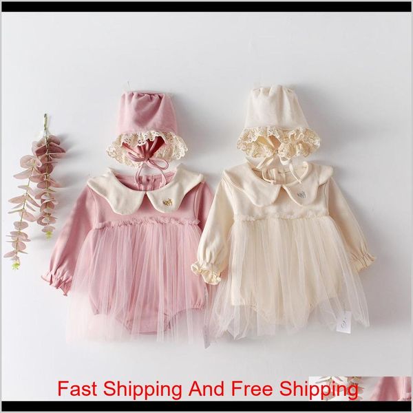 

ins spring baby girl clothes romper long sleeve solid color round collar mesh patchwork romper + hat 100% cotton girl kid clothing uz7 rmqiq, Blue