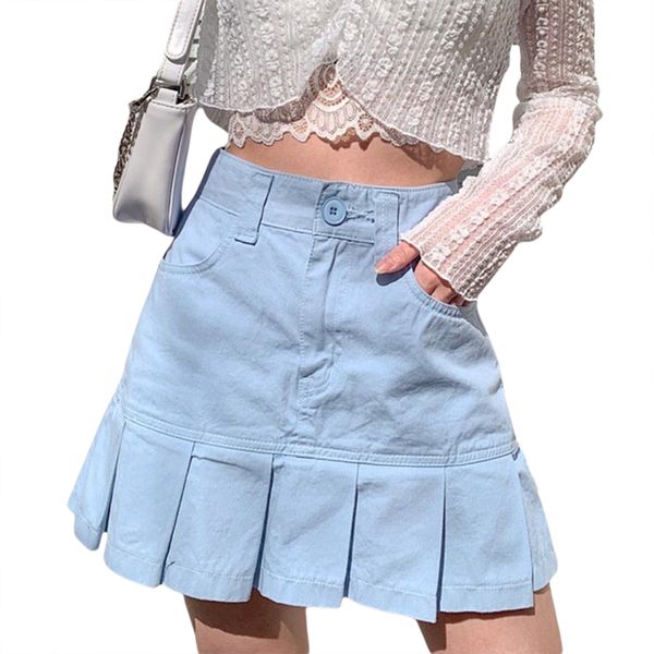 

womens pleated mini skirt casual high waist solid color a-line short skirt with pockets, Red;black