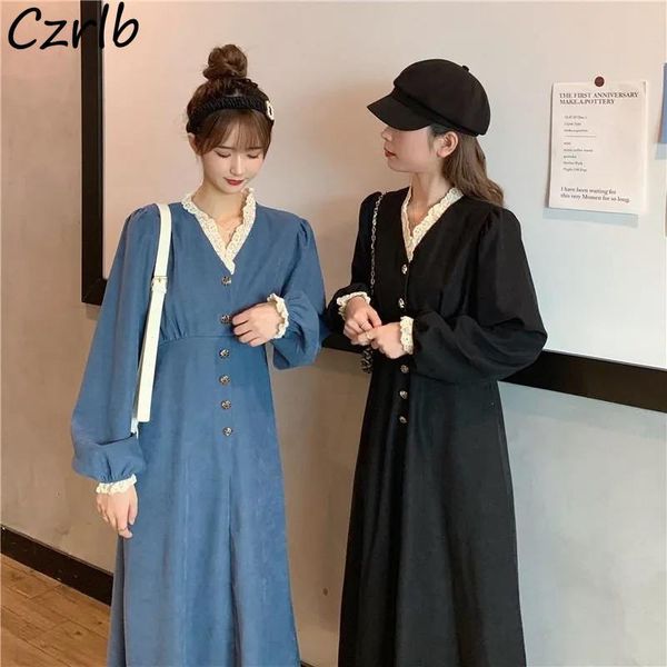

casual dresses women autumn french style vintage korean v-neck lace button ins 90's all-match mid-calf warm sweet college friends, Black;gray