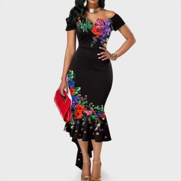 

summer off shoulder floral women dress elegant evening party wedding formal ruffles fishtail ladies, Black;gray