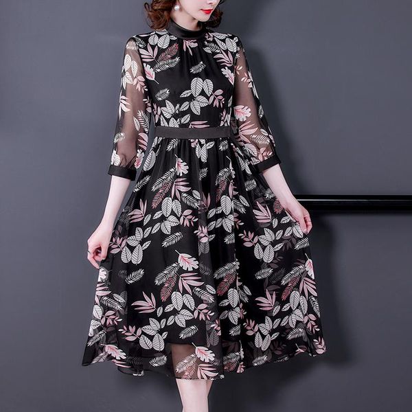 

casual dresses chiffon loose plus size women's mid-length dress fashion lace printing o-neck autumn long sleeve houthion, Black;gray