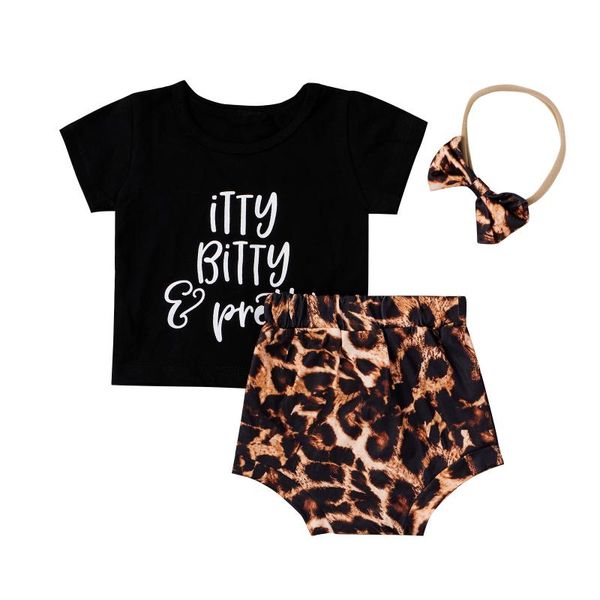 

clothing sets 2021 0-24m infant baby girl letter print short sleeve black t-shirt crop leopard triangle shorts+headband 3pcs set, White