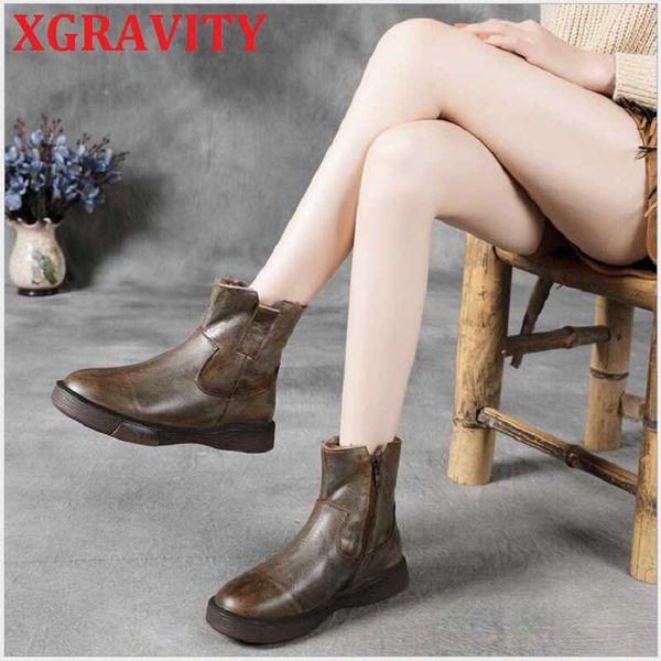 

xgravity s113 thick fur warm boots elegant round toe cow leather shoes women short boots flat shoes vintage female footwear 210429, Black