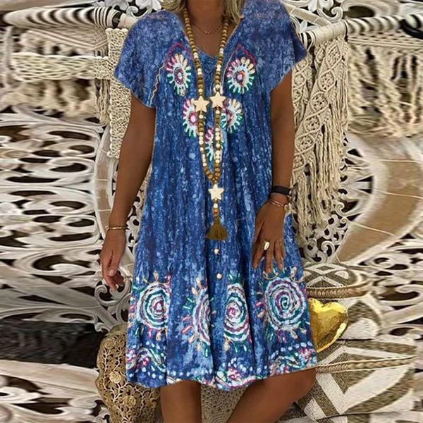 

party dresses summer print short sleeve dress women's casual v neck plus size fashion t shirt vintage beach bohemia, White;black