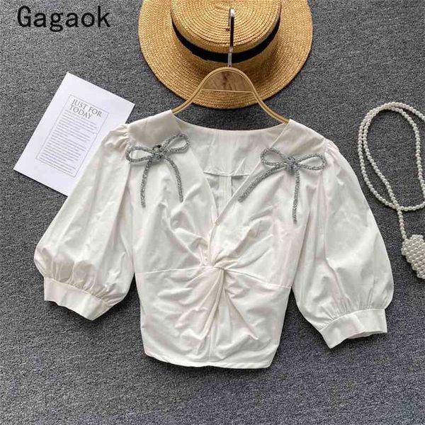 

women blouses summer sweet v-neck solid short bow shirts puff sleeve navel korean chic fashion wild blouse 210531, White
