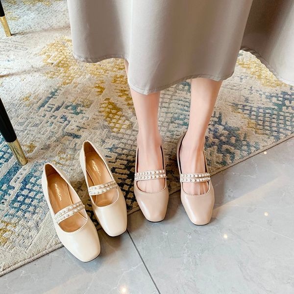 Designer-Dress Shoes stile primaverile ampia calzata Pearl tacco spesso Commuter punta quadrata Décolleté slim con tacco alto