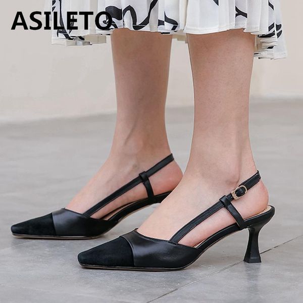 

sandals asileto women pointed toe 6cm high heels genuine leather slingbacks cutout classic beige large size 43 casual b2398, Black