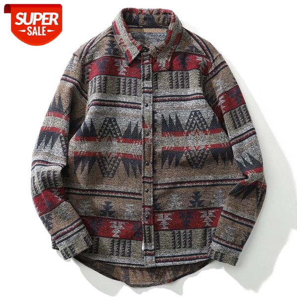 

Hip Hop Color Block Long Sleeve Shirt Harajuku National Style Knitted Shirt Streetwear Snap Button Autumn Cotton Loose Top #RD8L, White;black