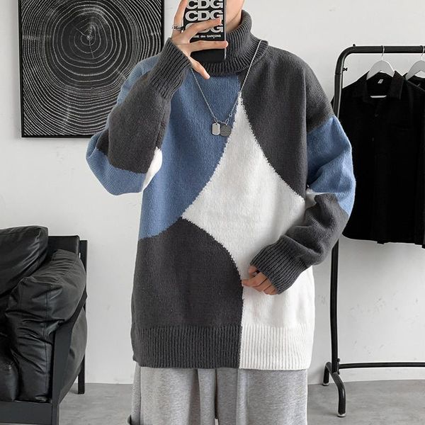 

men's sweaters fashion color matching turtleneck sweater loose harajuku style pullover autumn/winter personality couple bottoming, White;black