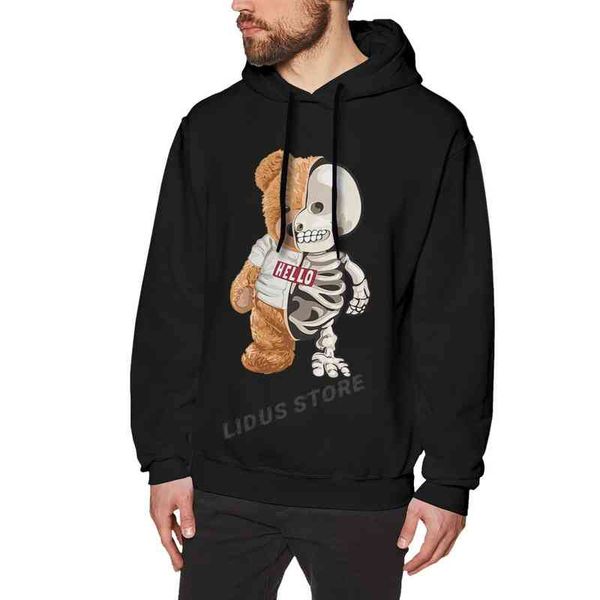 

hello skeleton teddy bear hoodie sweatshirts harajuku creativity 100% cotton streetwear hoodies, Black