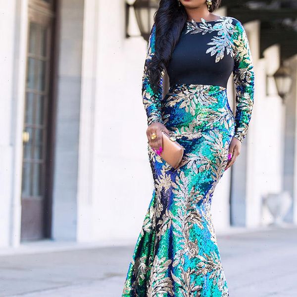 

vintage green long sleeve mermaid sequins dress sparkly elegant plus size shiny party evening african long dresses for women, Black;gray