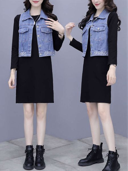 

denim waistcoat dress two piece set autumn 2021 new feminine fashion show thin foreign style age reducing suit, White