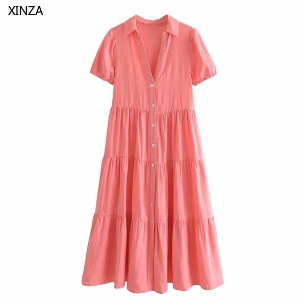 

casual dresses women summer tiered shirt puff short sleeve pleated pink office lady chic button up woman long fqup, Black;gray