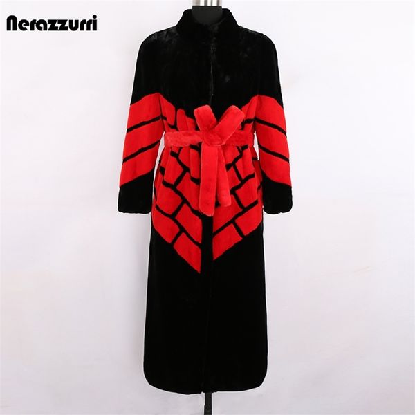 

nerazzurri winter long warm thick fluffy patchwork faux fur coat women color block elegant vintage luxury trendy clothes 211220, Black