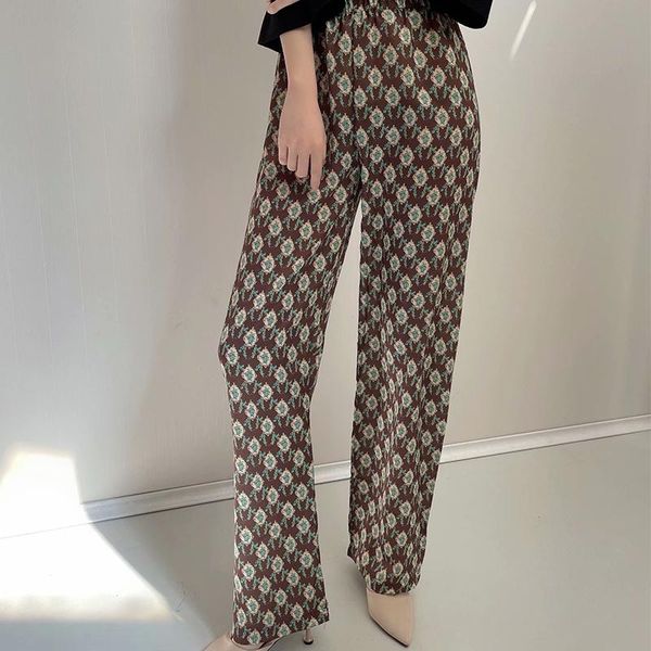 

women's pants & capris wxwt za women print satin wide leg trousers retro thin and light elastic waist female casual pantalon ly9416, Black;white