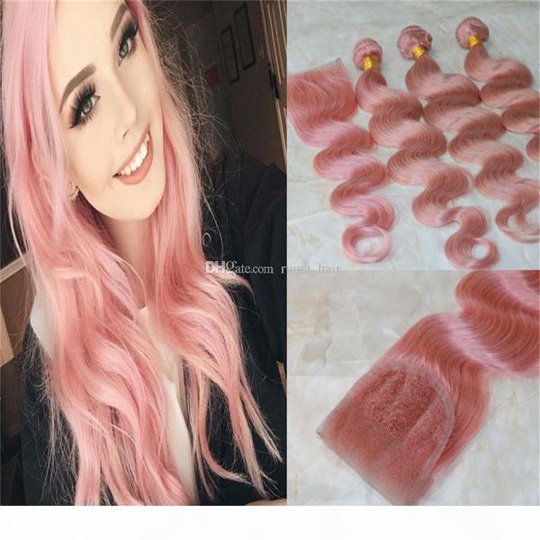 

brazilian body wave virgin human hair bundles with lace closure baby pink color unprocessed remy hair weave extensions rose gold closure, Black;brown