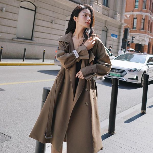 

women's trench coats 2021 spring and autumn casual cotton windbreaker oversized double-breasted retro jacket with belt chic cloak women, Tan;black