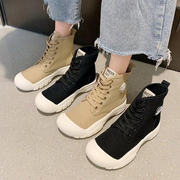 

boots ladies autumn soft sole 2021 street style women's platform female fashion chic canvas lace ankle, Black
