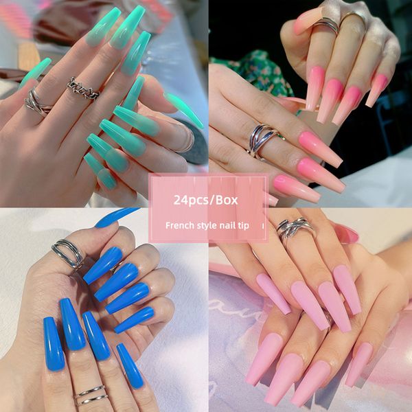 

set of 24pcs false nail tips pure color gradient extra long french ballet nails make up tip, Red;gold