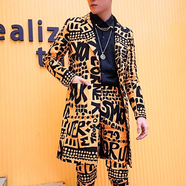 

2021 new spring nightclub stage singer dj clothes heren colberts long casual suits masculino men letter blazer yellow only jacket q8lc, White;black