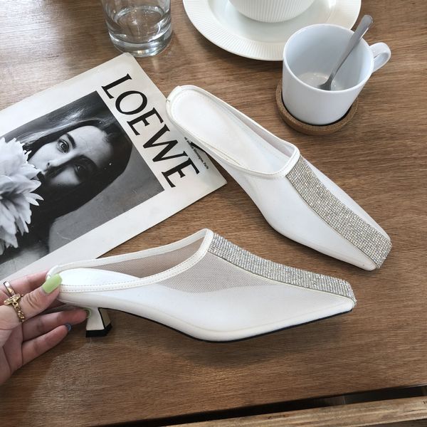 

2020 korean-style shallow mouth square mesh lace water brick all-match fashion small heel slipper summer roman slippers, Black