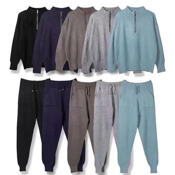 

women's two piece pants autumn winter knitted tracksuit suits women stand collar zipper thick sweater + casial long set female 2pcs, White