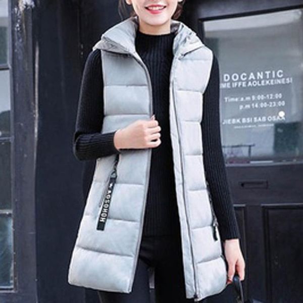 

women's vests 2021 winter jacket windproof warm long cotton waistcoat casual sleeveless hooded femme coat veste plus size#j30, Black;white