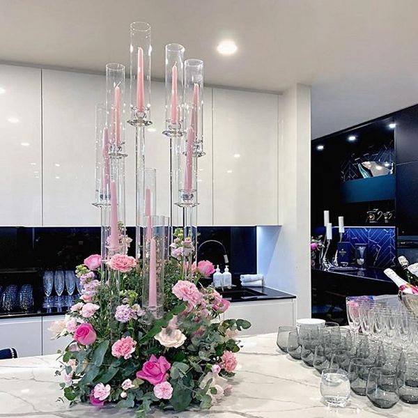 Decoração de festa atacado 10 braços longos hastes modernas tubo acrílico transparente candelabros de cristal mesa de casamento peças centrais candel melhor qualidade