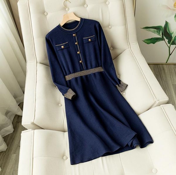 

casual dresses autumn knit dress women elegant long sleeve buttons pocket 2021 winter thick warm fashion sweater knitted, Black;gray