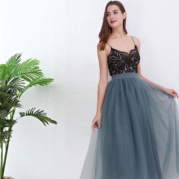 

2021 spring summer vintage 4layers skirts womens elastic high waist tulle mesh skirt pleated tutu skirt female jupe longue, Black