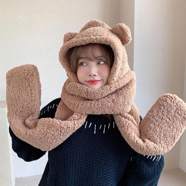 

hats, scarves & gloves sets cute bear ear hat scarf set winter women novelty caps warm casual plush hats solid fleece girl kawaii accessorie, Blue;gray