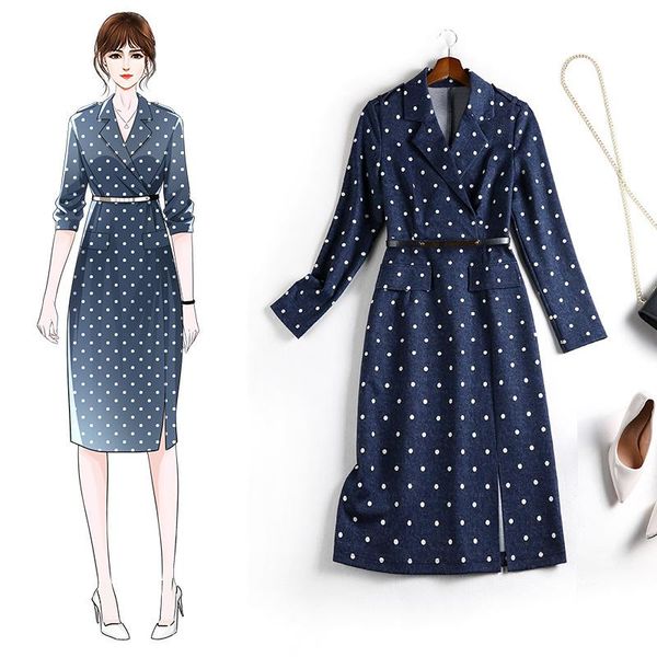 

2021 autumn plus size dress women long sleeve dress womens formal dresses elegant blue dots with a belt, Black;gray