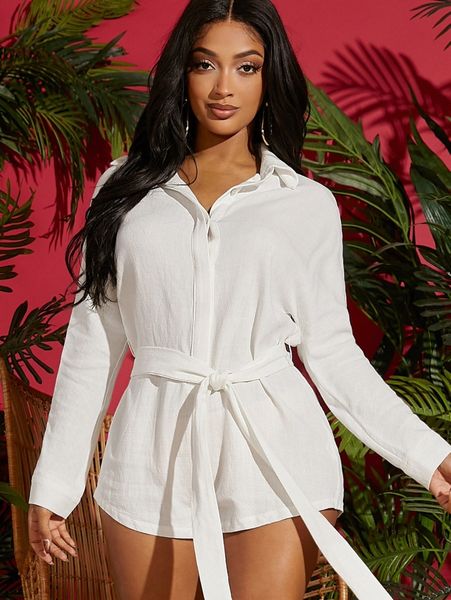 

collared buttoned front self belted romper g4jm#, White