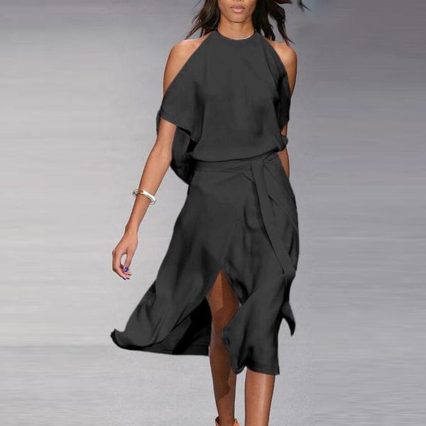 

casual dresses cold shoulder irregular summer women's dress 2021 lace up streetwear party female o-neck front split lady vestidos, Black;gray