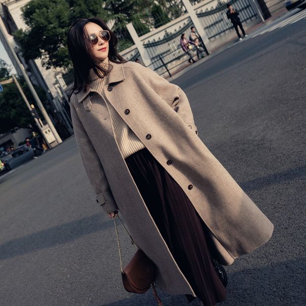 

single breasted turn-down collar coat and jacket england style sashes women long cashmer coat loose solid women's woolen jacket 210218, Black