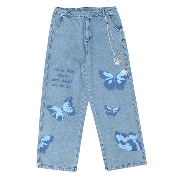 

men's jeans hip hop butterfly chain print straight wide leg pants 2021 harajuku oversize streetwear loose joggers men baggy trousers, Blue
