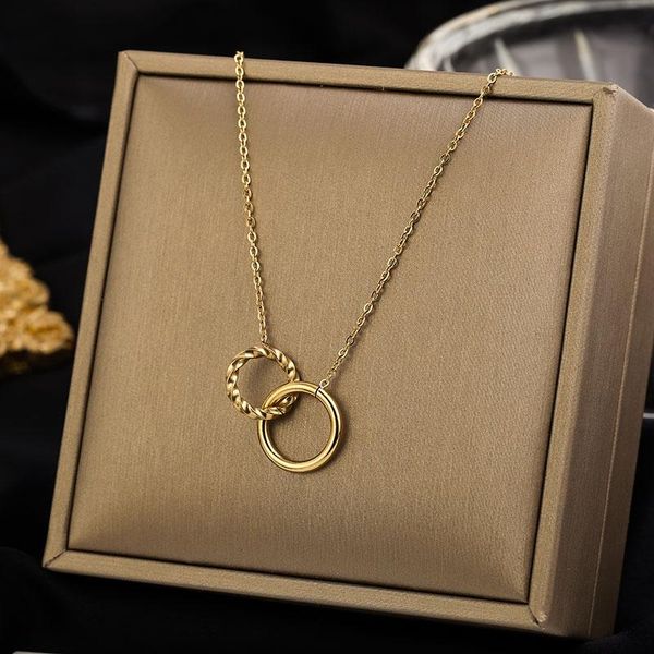 

pendant necklaces stainless steel matte double ring chain customize necklace for women toggle choker jewelry bijoux femme drop, Silver