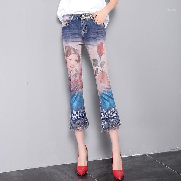 

qa1204 fashion painted tassel flare pants women denim jeans mujer ankle length pantalon femme1, Blue