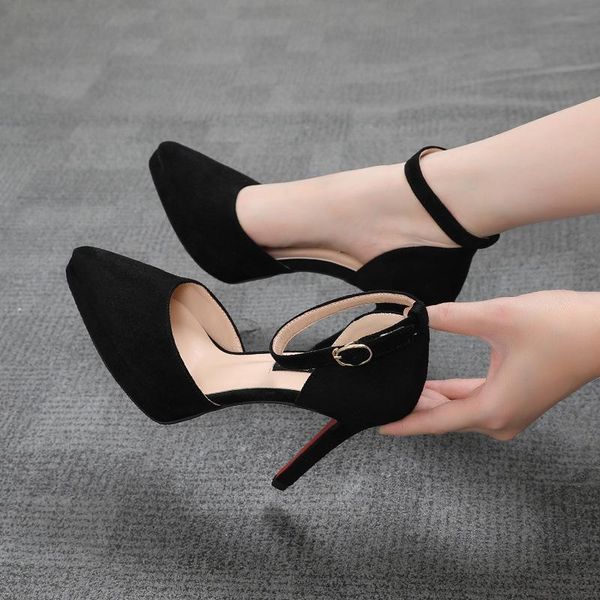 

dress shoes platform high heels thin pointed toe women single word buckle pumps mid hollow solid flock work shoe size 34-39, Black