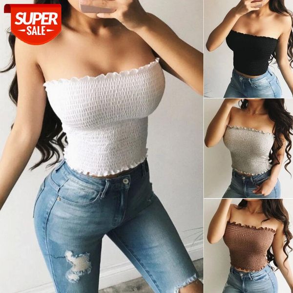 

women sheering boob off shoulder elastic tube gather smoken strapless bandeau ladies shirred crop #ni8o, White