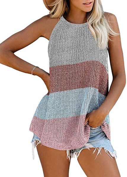 

women's tanks & camis 2021 summer contrast color knit vest tank crop women loose sleeveless shirt gilet femme, White